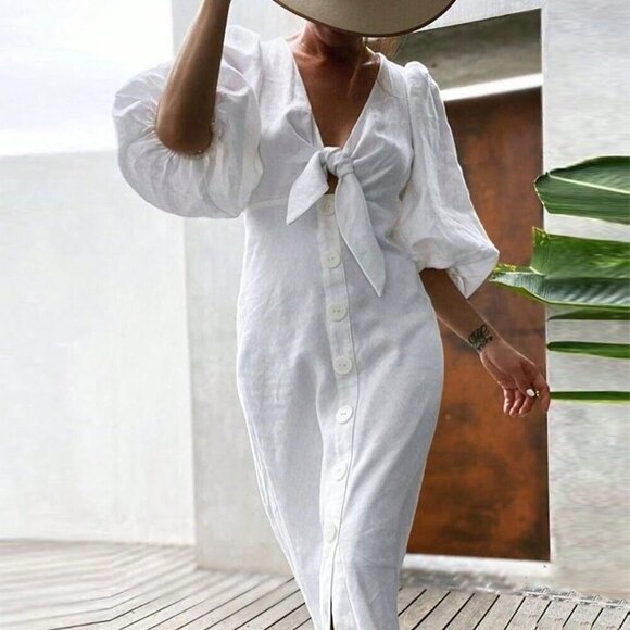 White Casual Women's Short Sleeve Simplistic Hollow-Out Long Dress - Picture 1 of 8